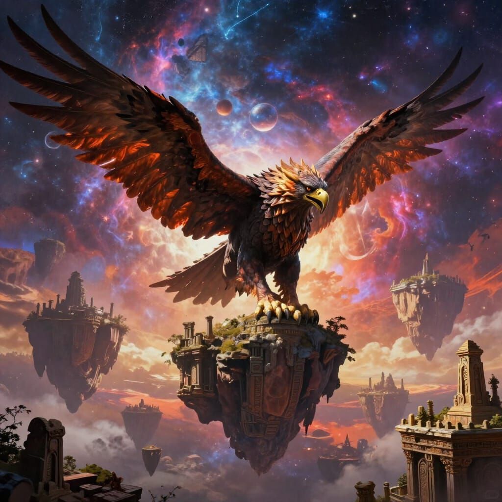 Colossal Griffin Soars Over Floating Islands