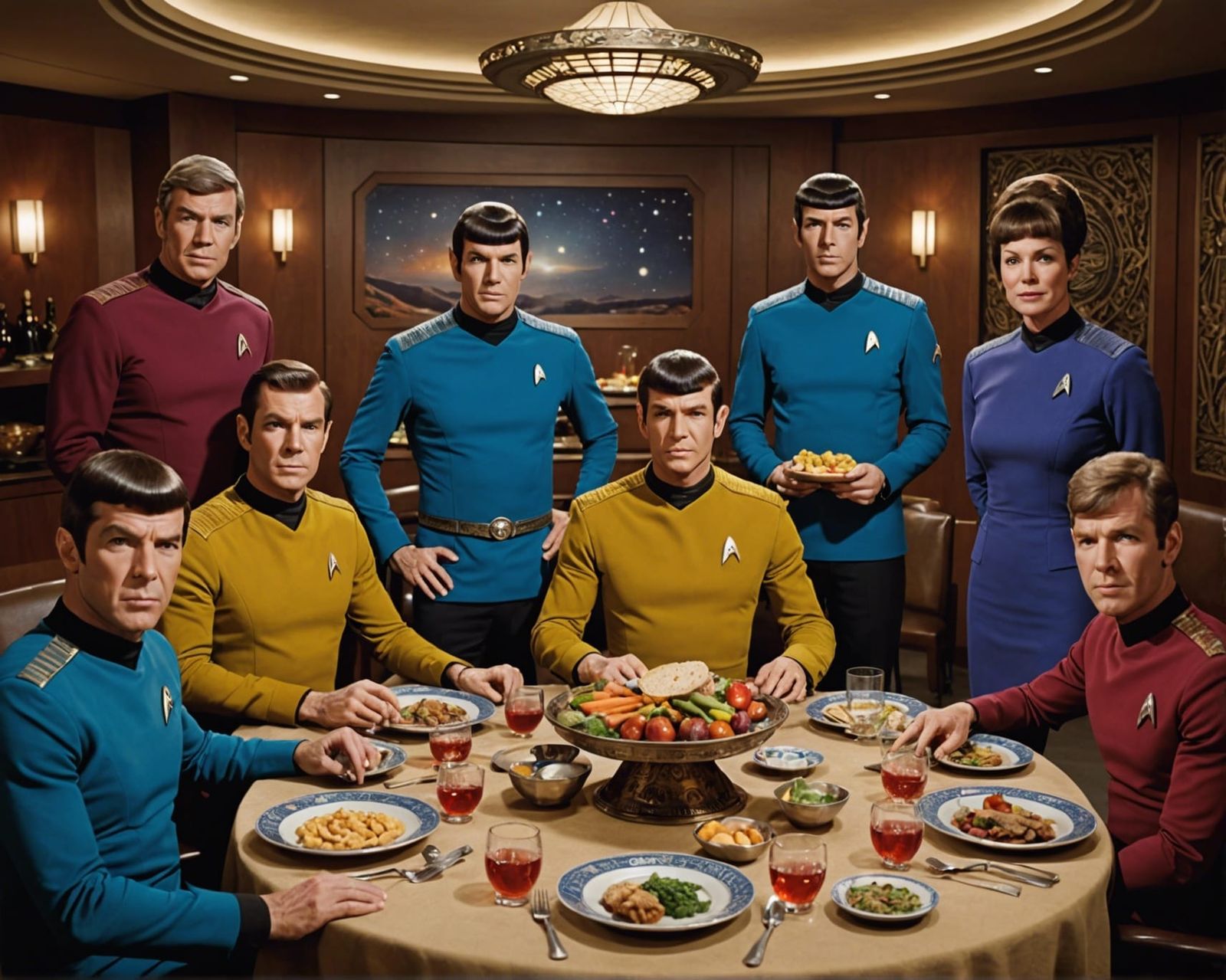 Star Trek crew celebrating Passover Seder, highly detailed and realistic.