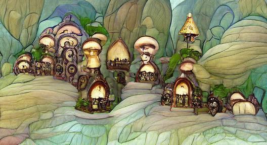 Art Nouveau Fantasy Gnome Mushroom Village