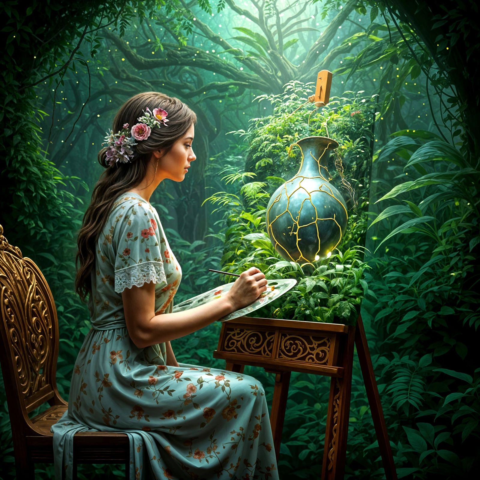 Bioluminescent Garden Painting in Kintsugi Style