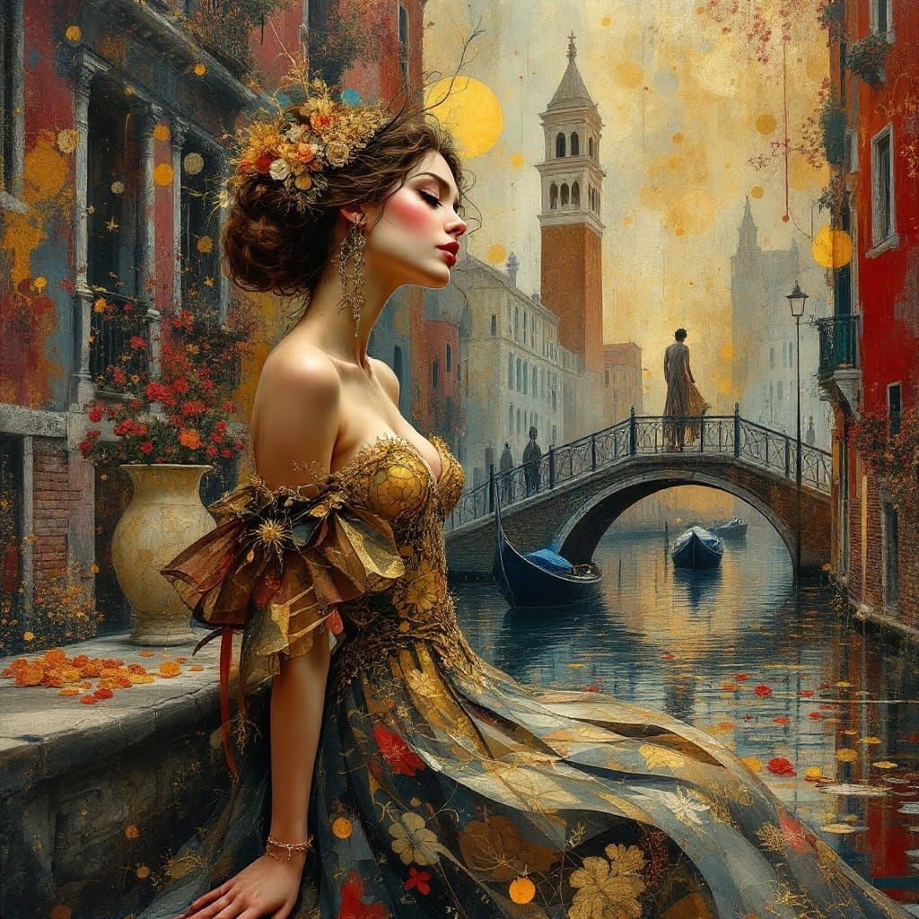 Elegant Woman in Venice: A Surreal Art Nouveau Scene