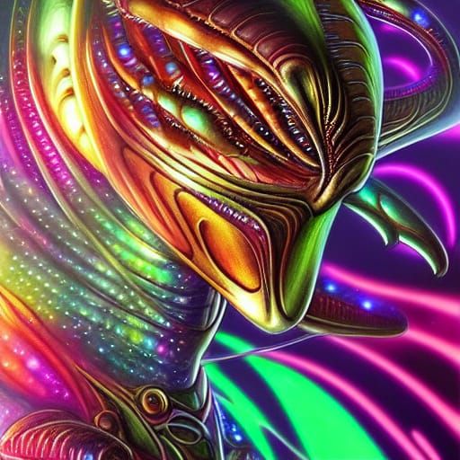 Glowing Alien Face in Cosmic Metallic Scales