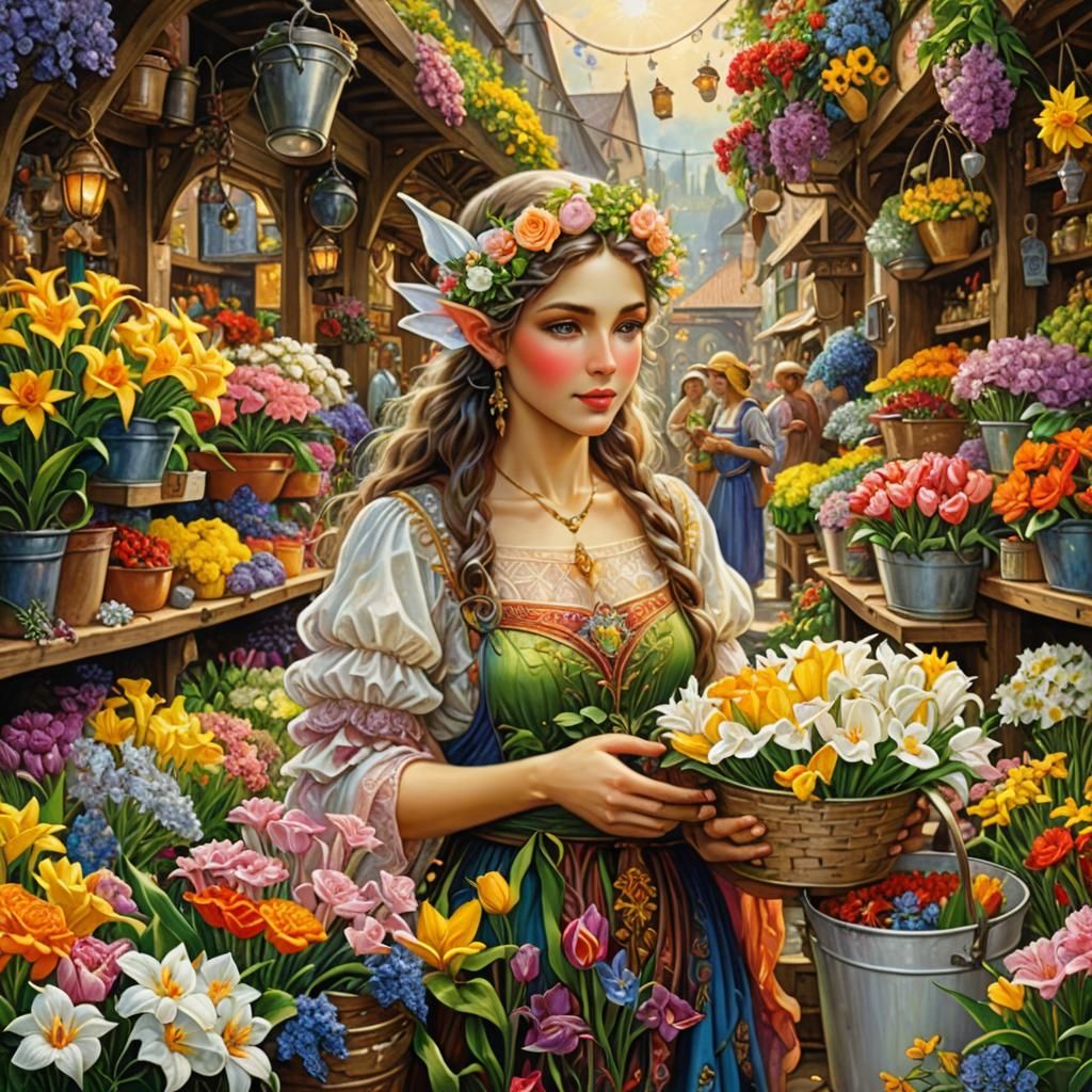 Enchanting Elf in a Magical Flower Market
