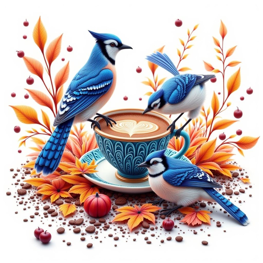Stylized Blue Jays with Autumn Coffee Elements