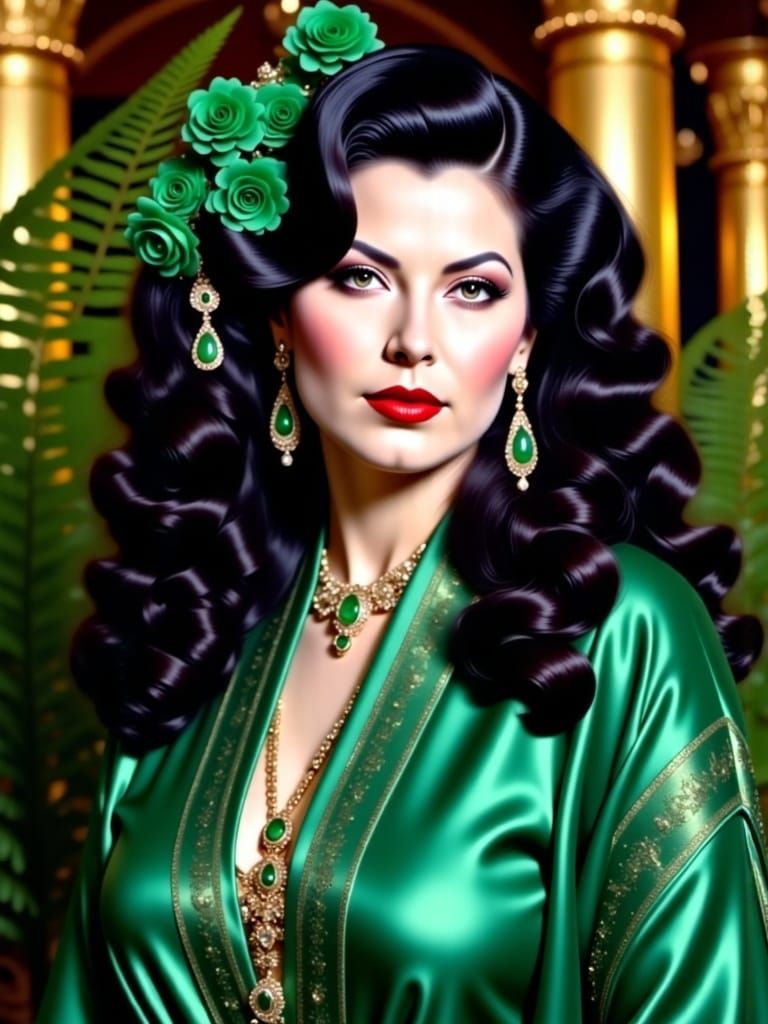 Elegant Woman in Emerald Geisha Kimono with Hollywood Waves