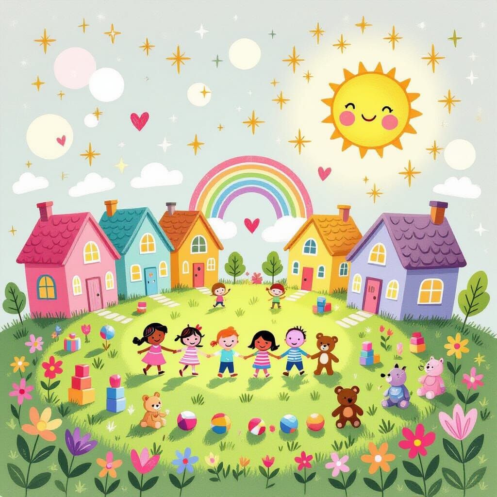 Whimsical Children's Village Oracle Card Illustration