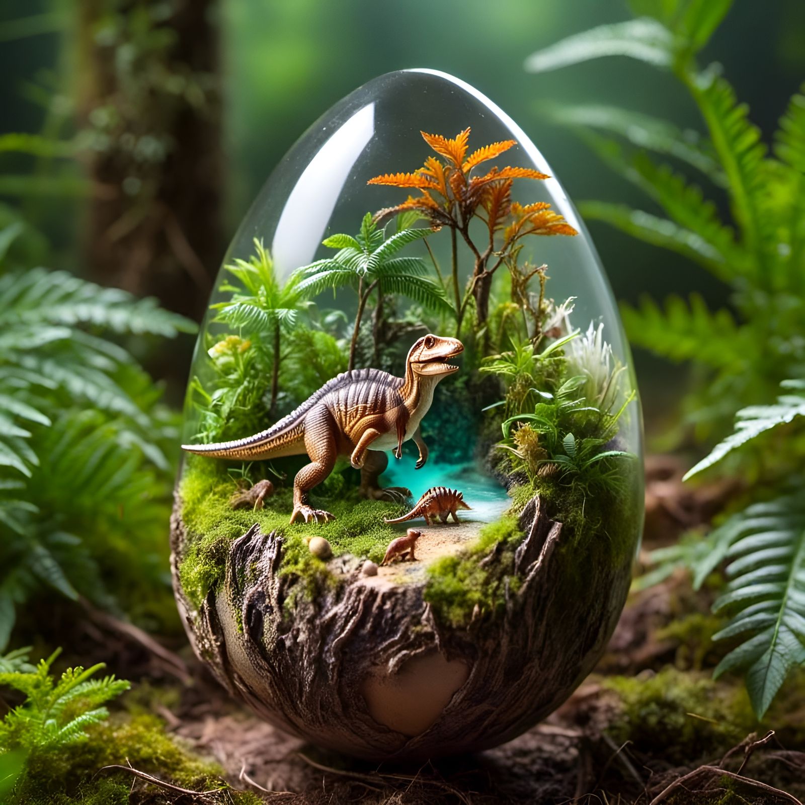 Jurassic Ecosystem Encased in a Resin Egg