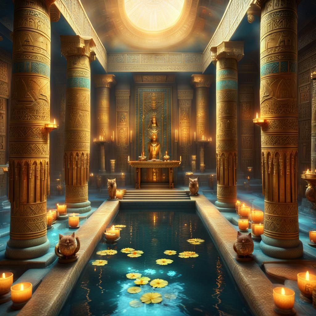 Egyptian Temple Altar with Water Lilies in Hyperrealism