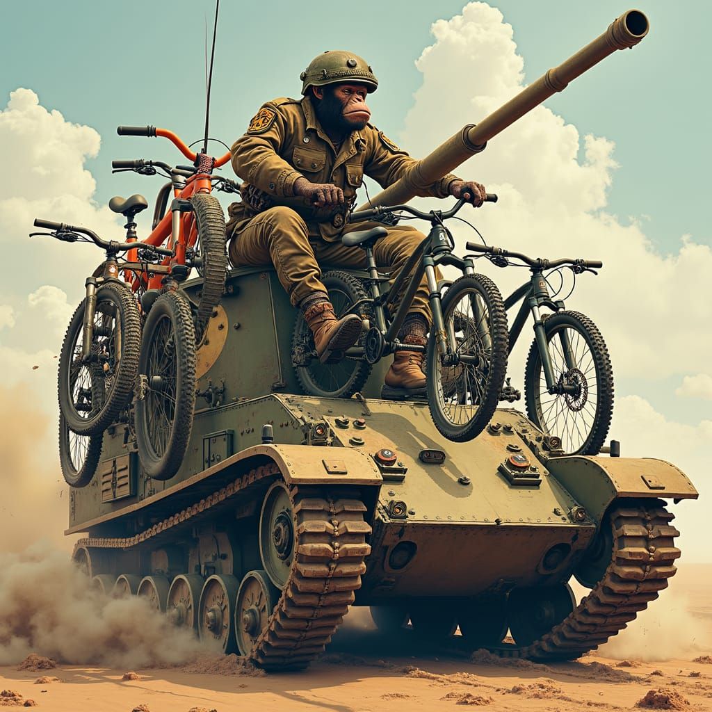 Monkey Drives Tank Full of Mountain Bikes