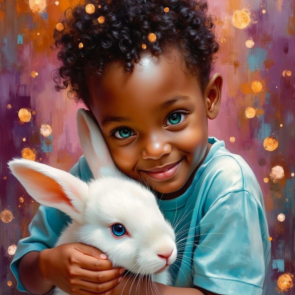 Boy with Rabbit: Colorful Oil Painting with Bokeh