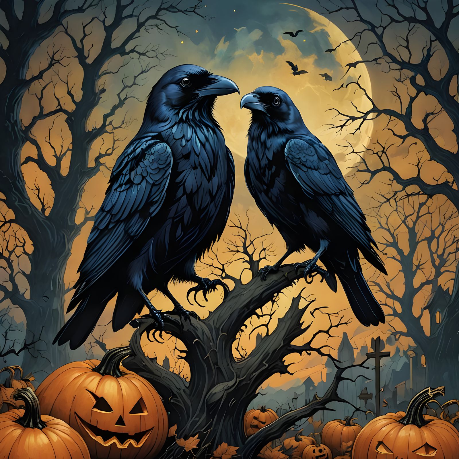 Raven with Jack O'Lantern and Ghost, as Color Print