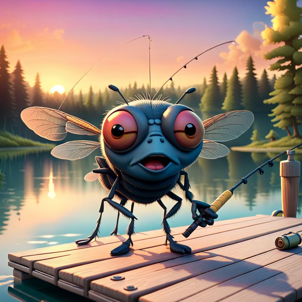 Cartoon Housefly Fishing on Midwest Lake: 3D Render