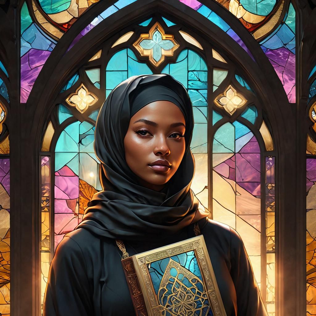 Vaporwave Gothic Portrait of Muslim Woman with Quran