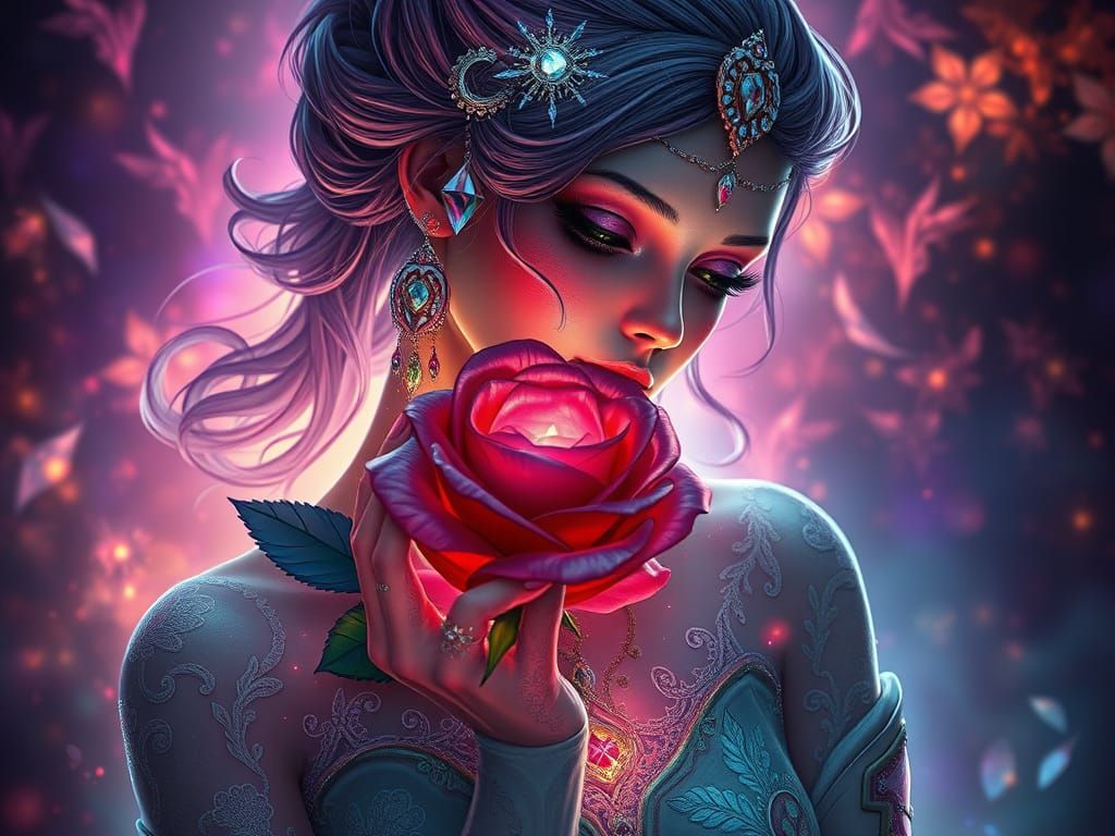 Woman with Rose in Hyperrealistic Fantasy Art Style