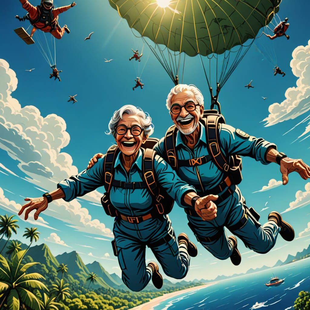 Lino cut. An elderly couple skydiving over a tropical island...