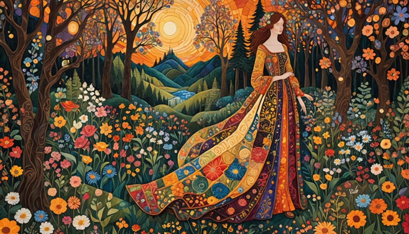 Quilted Sunset Woman in Enchanted Forest, 8K Render