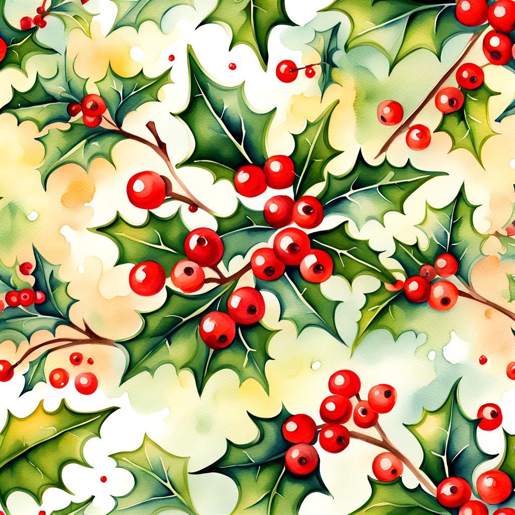 Watercolor Christmas Holly with Red Berries