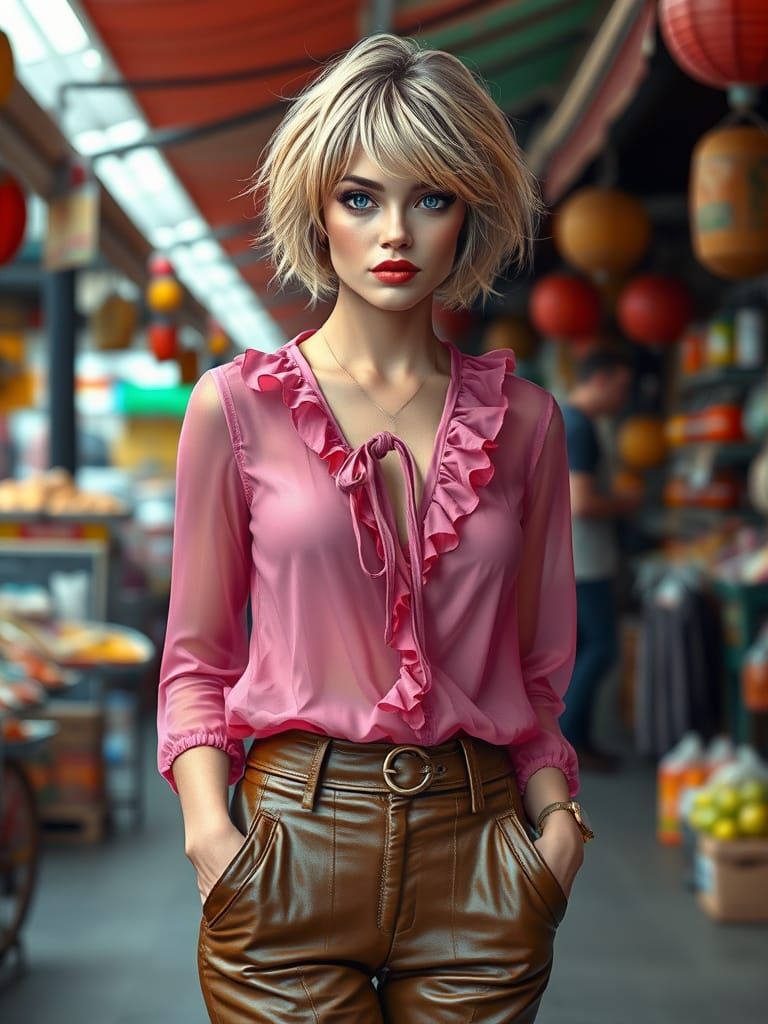 Woman in Pink Top in Bustling Market, Digital Art