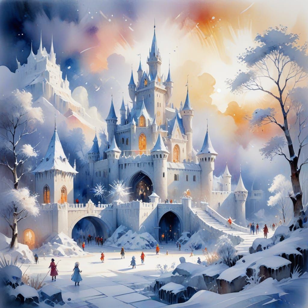 Magical Winter Wonderland with Ice Palace, Watercolour Style