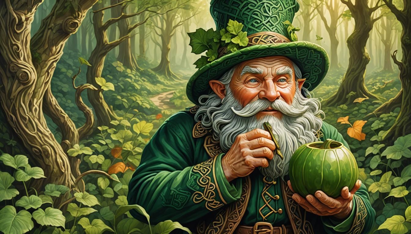 Leprechaun Blowing Gourd in Celtic Forest Illustration