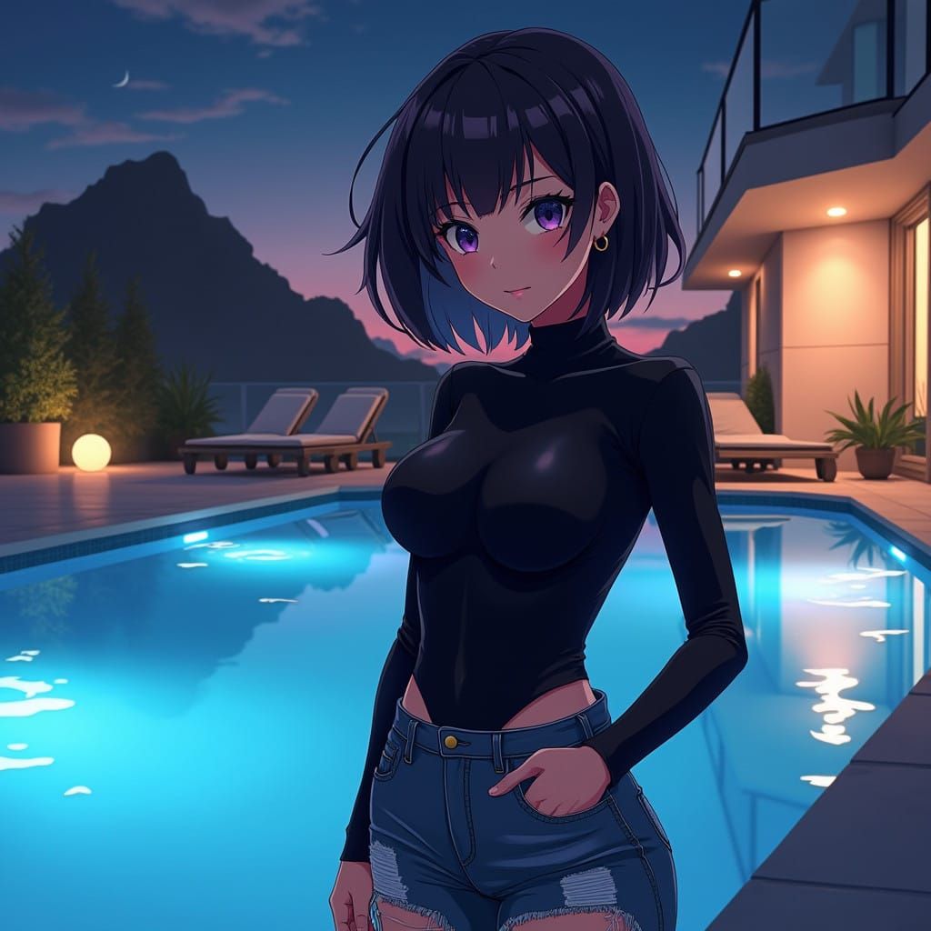 Confident Anime Girl by Luxury Pool at Night