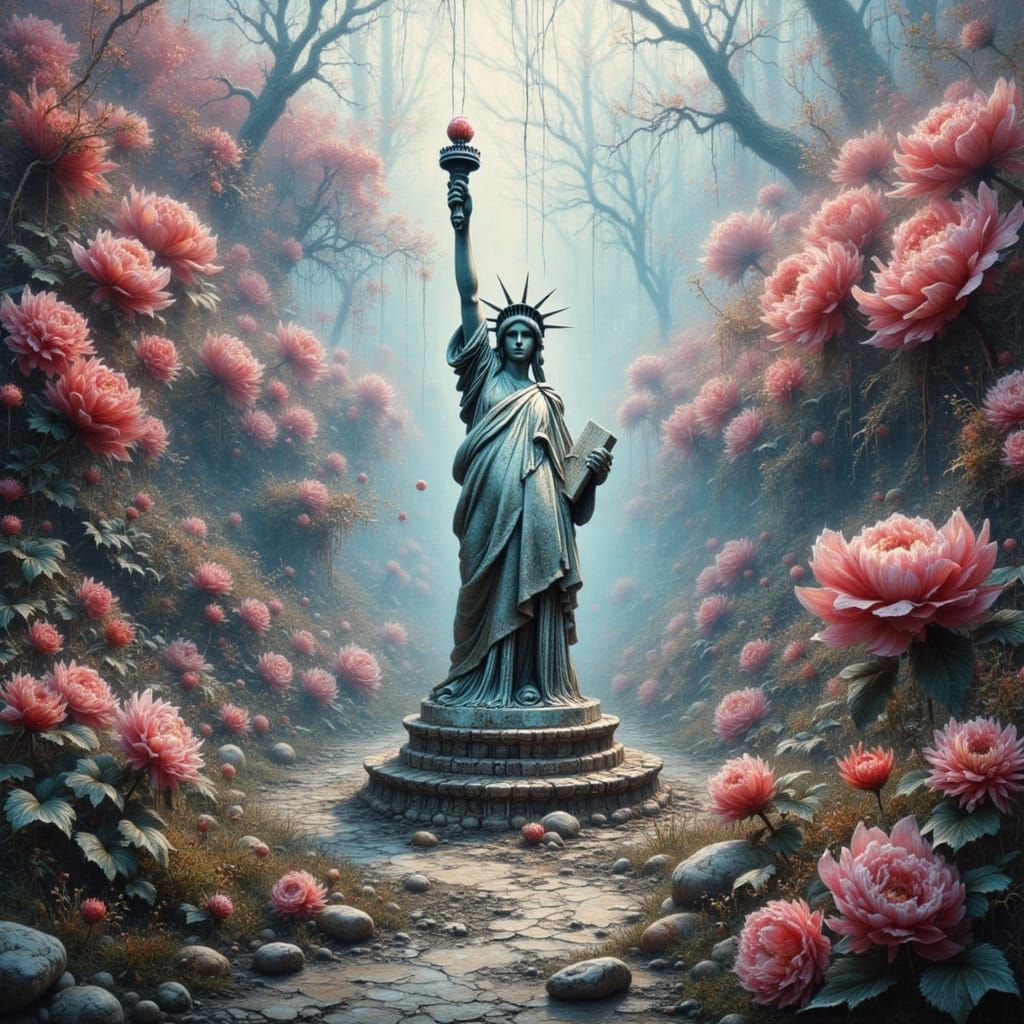 Statue of Liberty Underwater in Surreal Garden