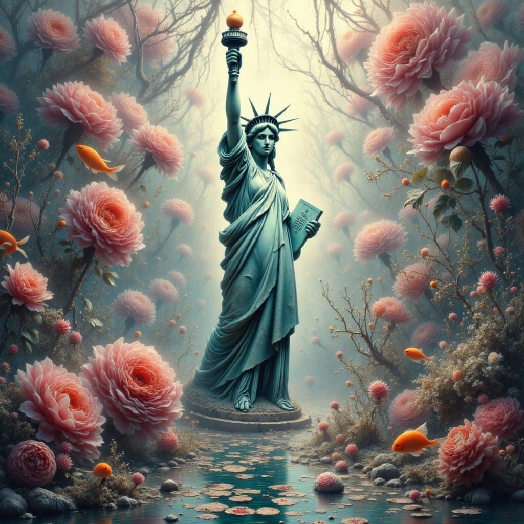 Statue of Liberty Underwater Amidst Giant Flowers
