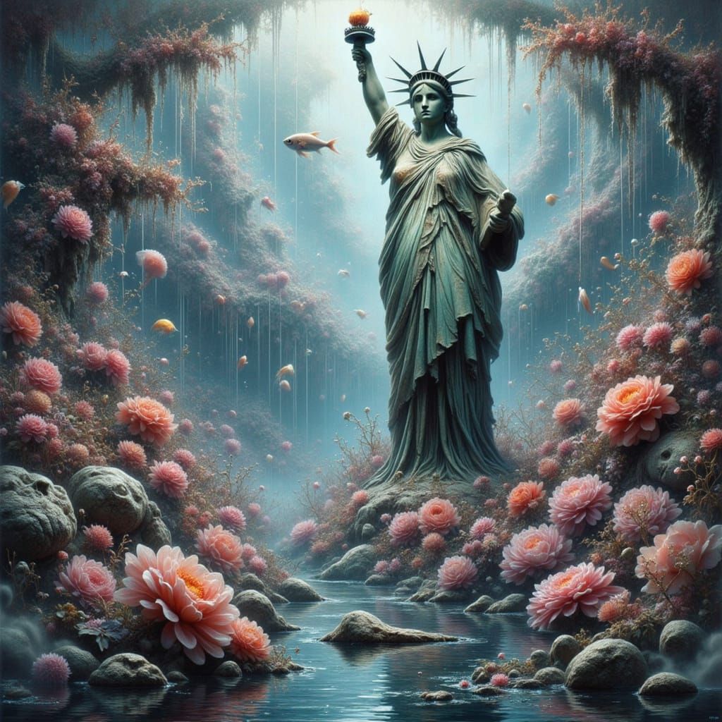 Statue of Liberty Submerged on Ocean Floor in Mystical Light