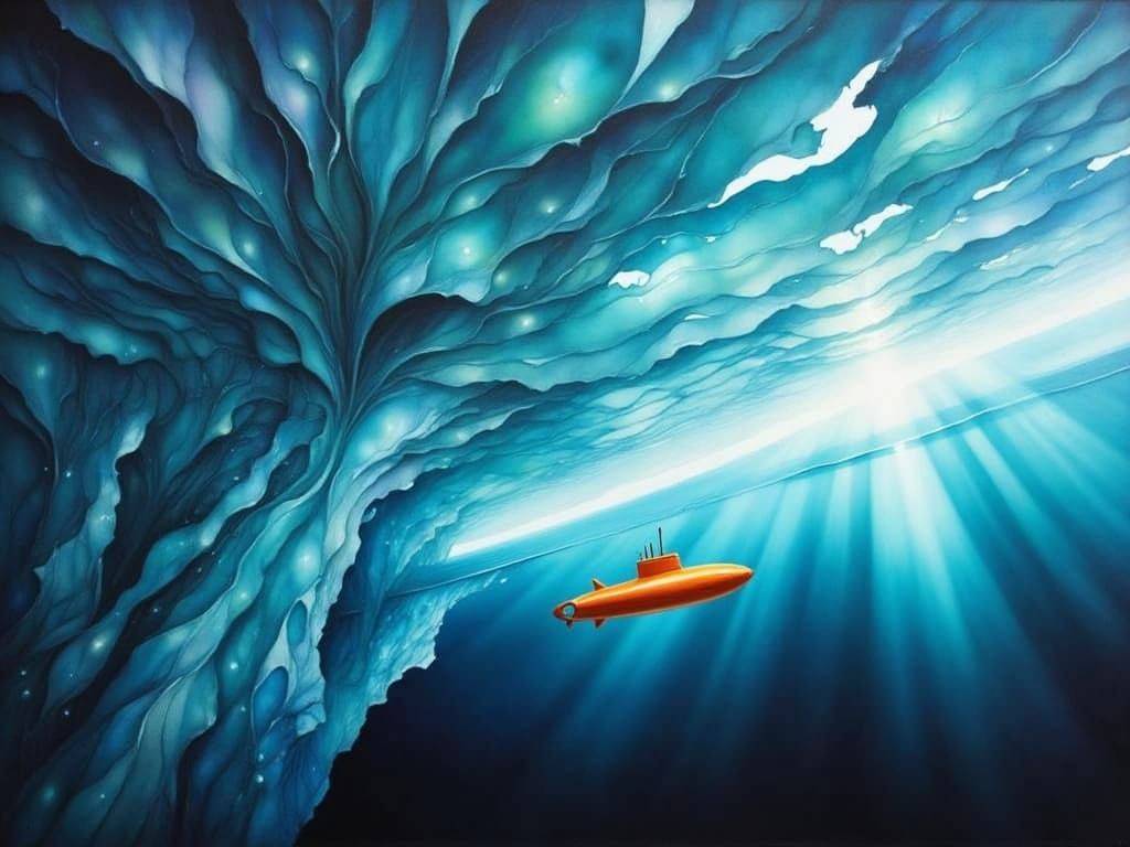 Underwater Oil Painting of Submarine in Endless Ice Shelf