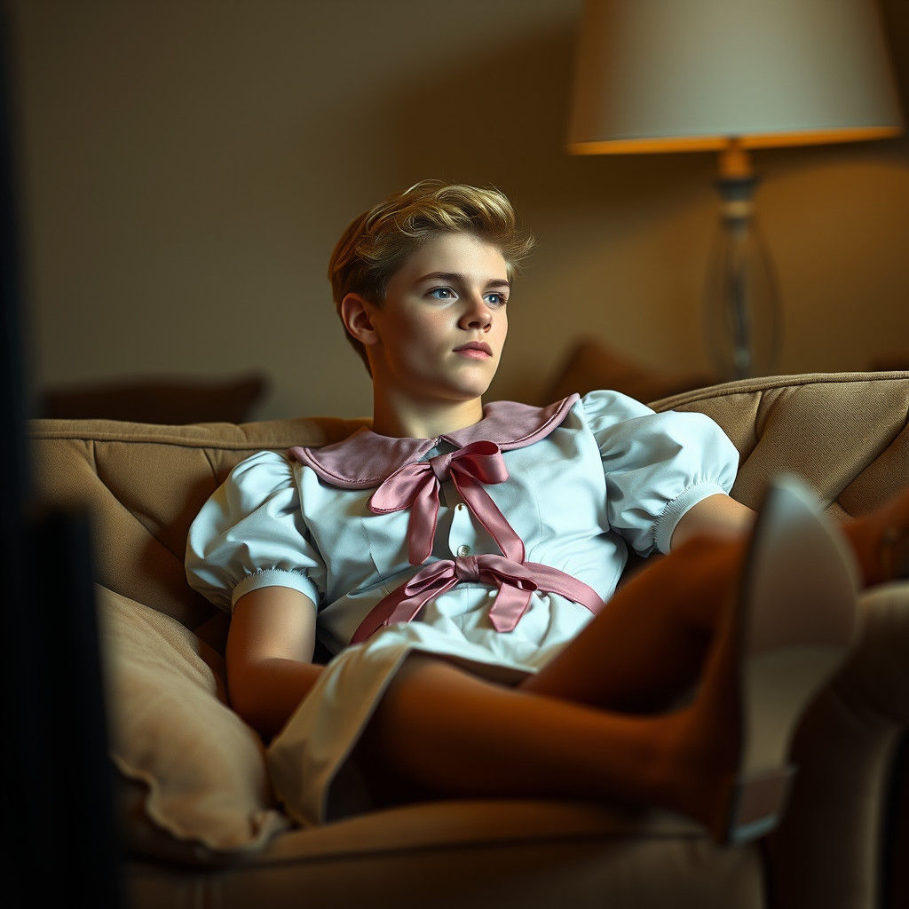 Blonde Boy in Peter Pan Dress on Couch
