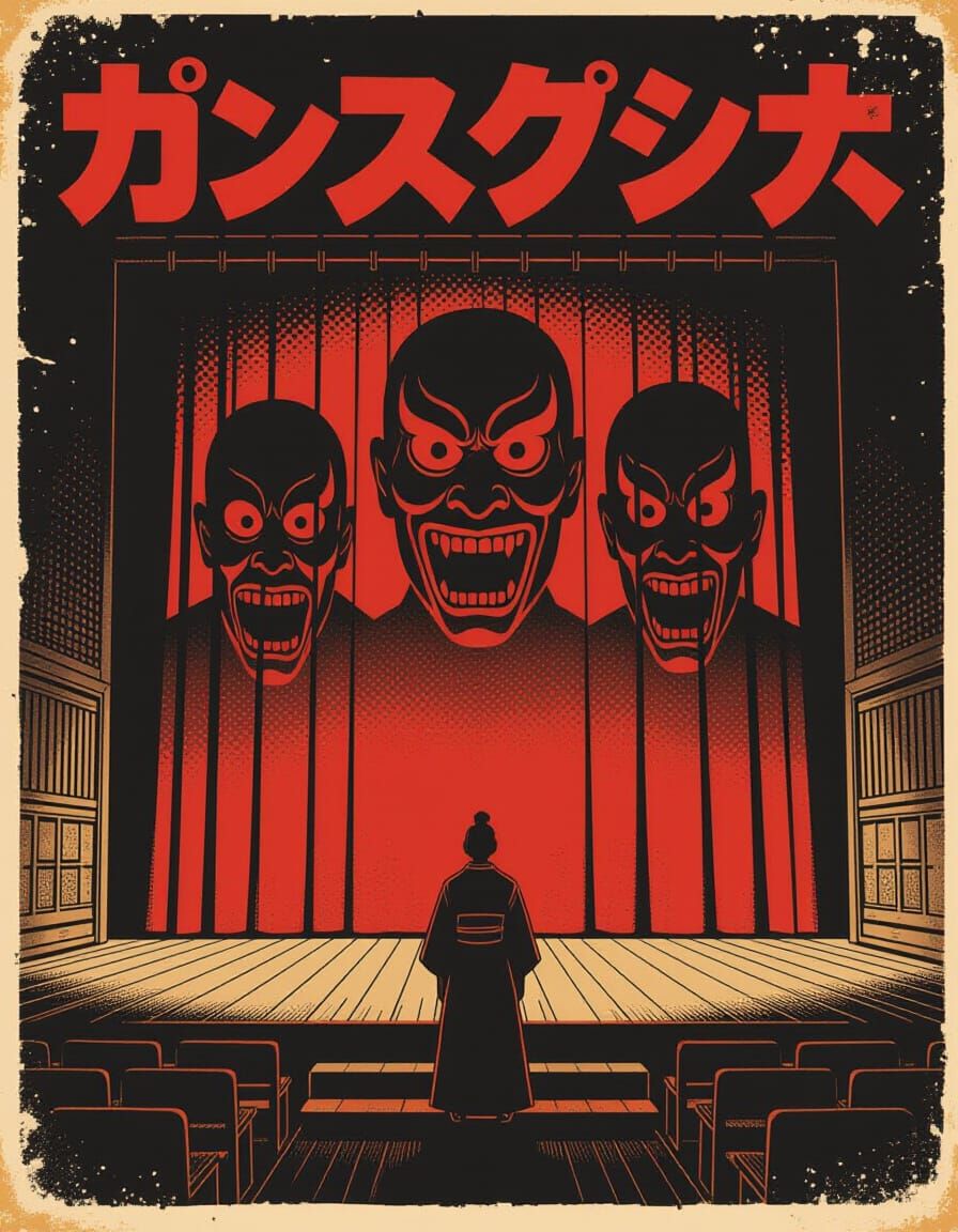 Eerie Noh Theater in Retro Manga Style