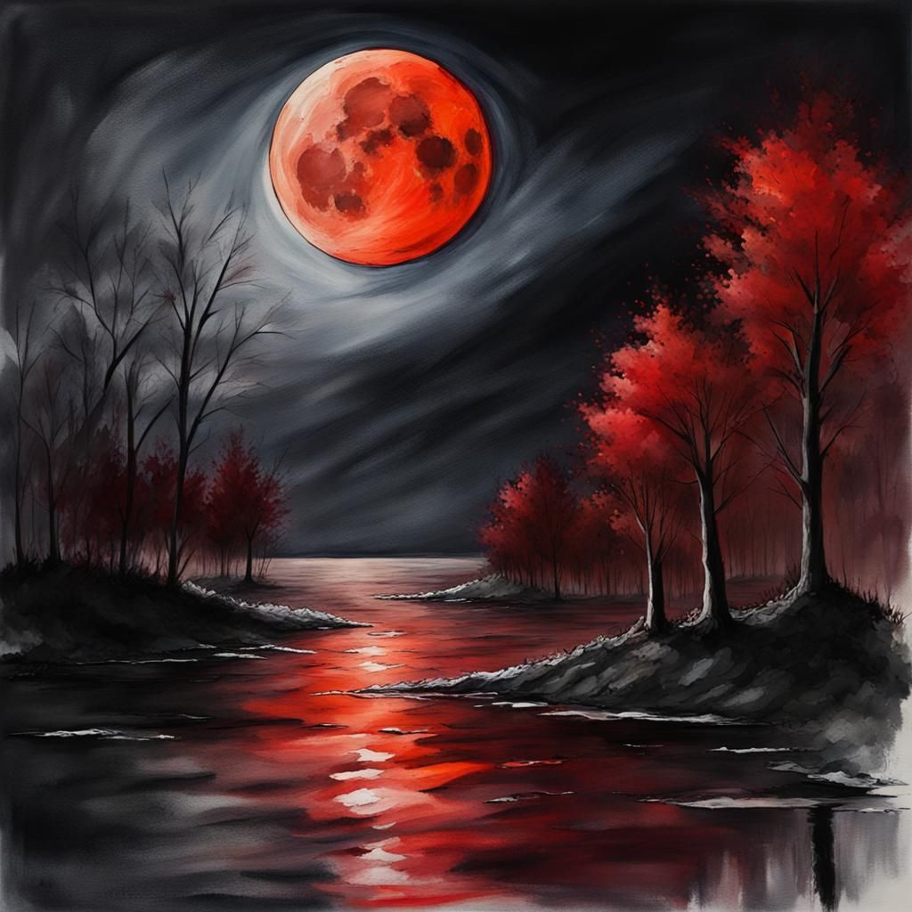 Watercolor Painting of a Scary Blood Moon