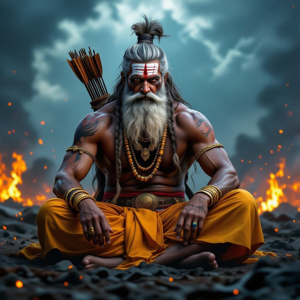 Battle-Scarred Warrior in Smoldering Battlefield, Hyperreali...