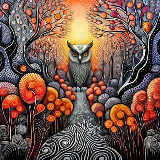 Owl in Forest Garden Mixed Media Painting