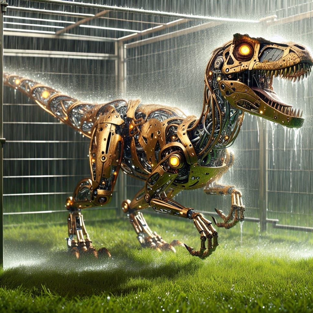 Golden Mechanical Velociraptor with Glowing Eyes in Rain
