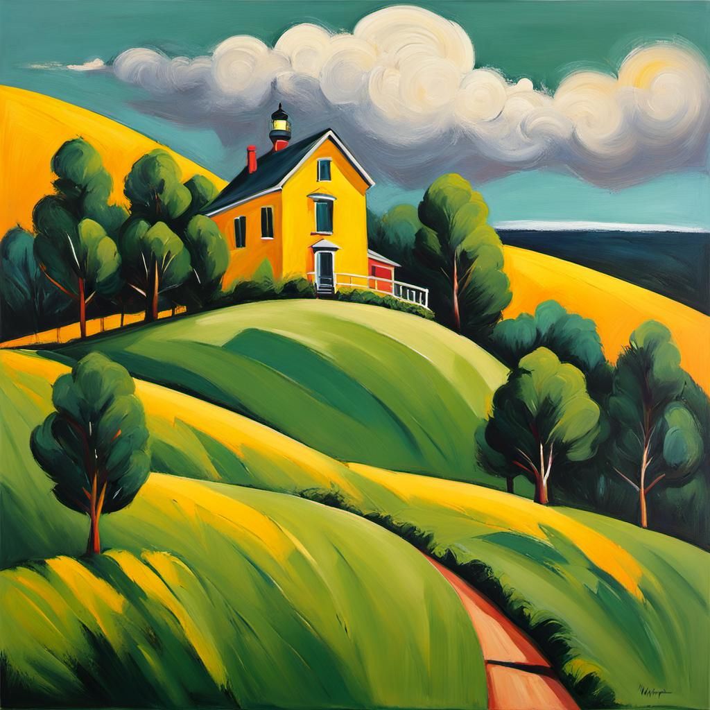 Expressionist Lighthouse and Yellow House Landscape