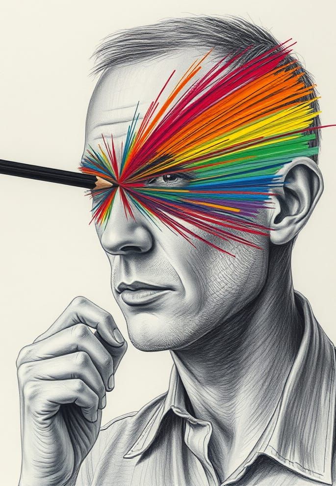 Surreal Portrait: Man Obscuring Face with Rainbow Scribbles