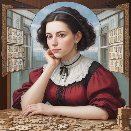 Woman's Portrait Fused with Puzzle Art