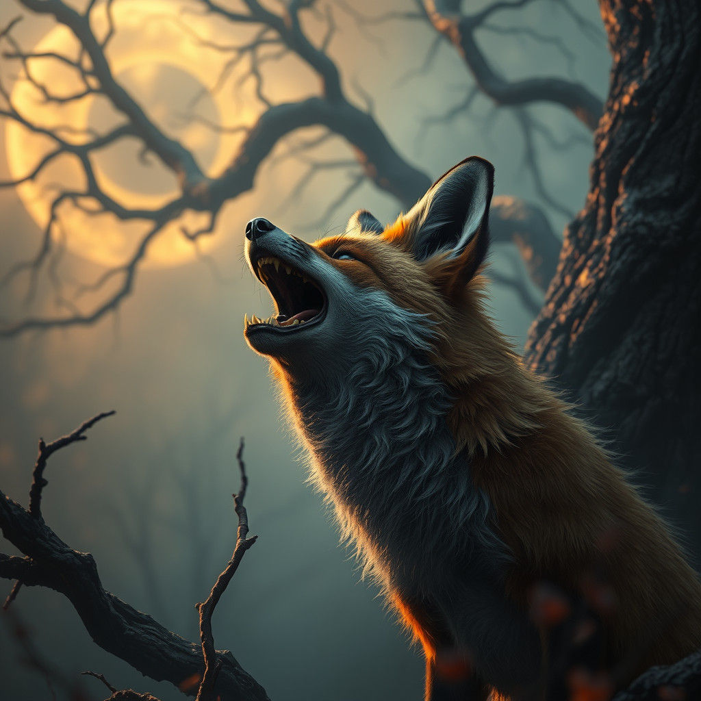 Terrified Fox Roaring in a Dark Fantasy Landscape