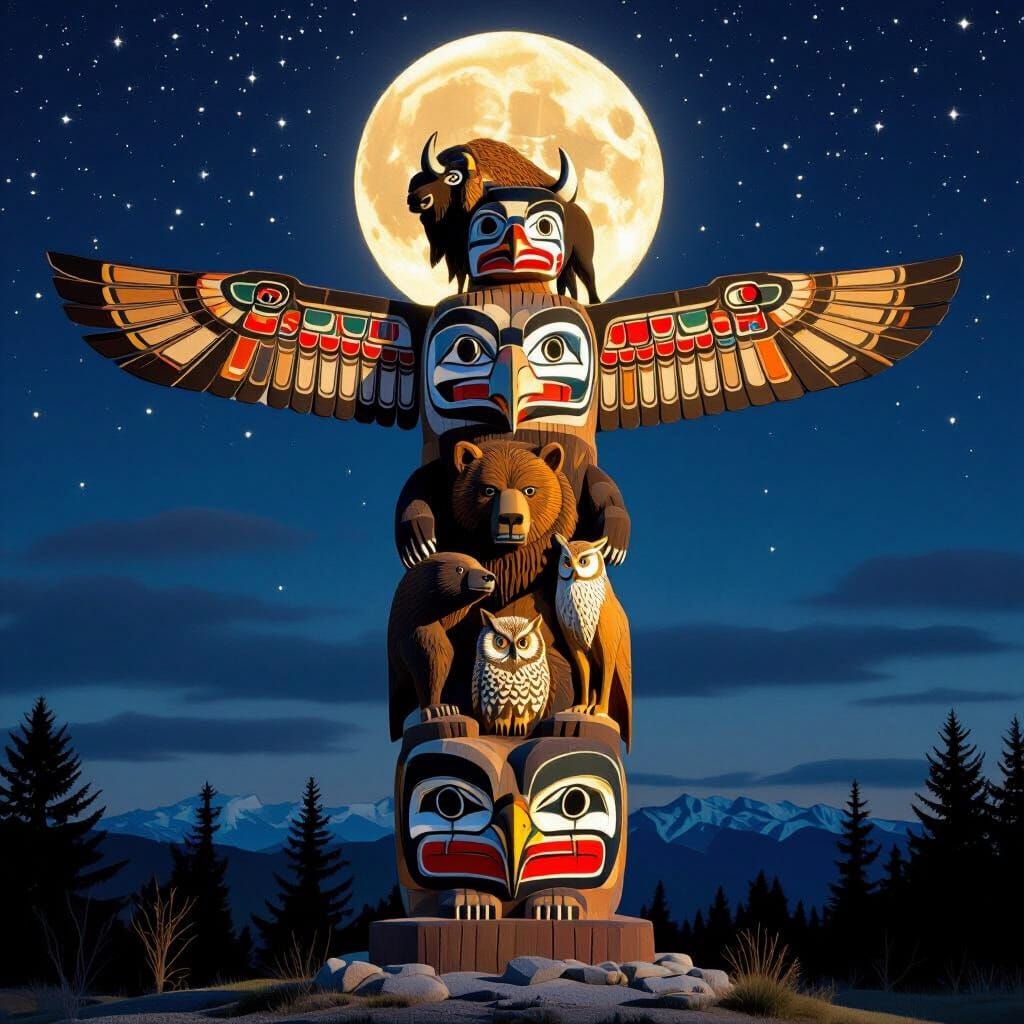 Totem Pole Art: Animals Under Mystical Moonlight