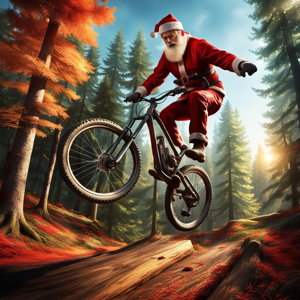 Hyperrealistic Santa Claus Mountain Bike Jump