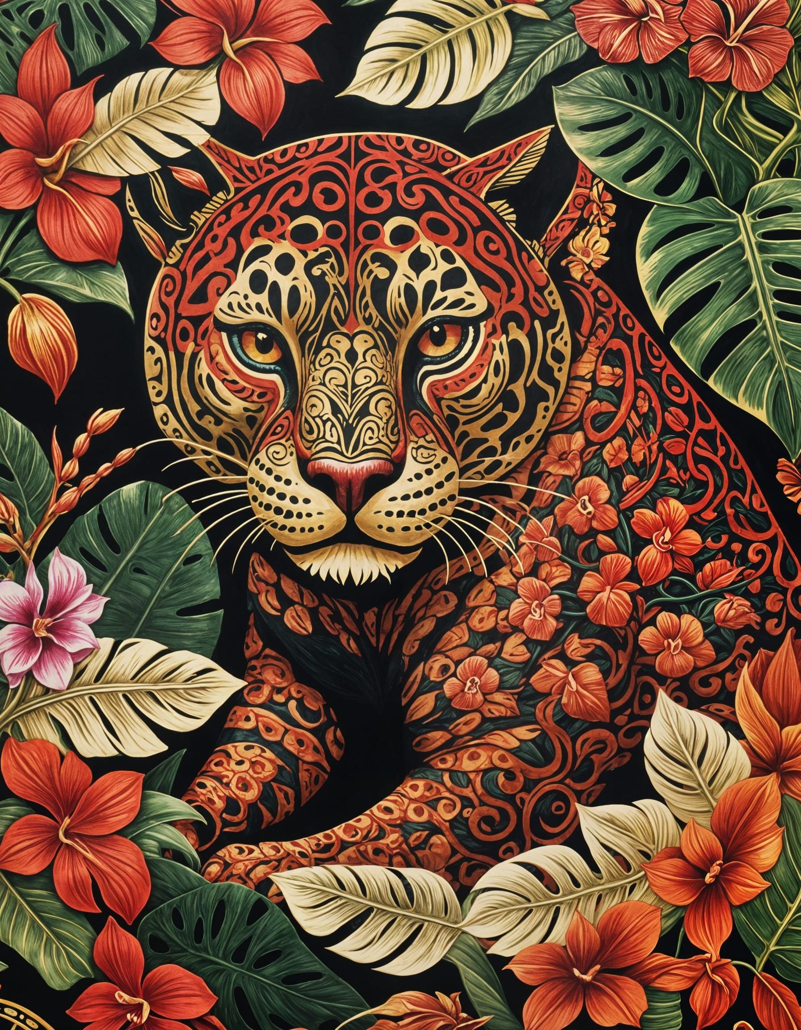 Mayan Jaguar with Orchids in Woodcut Print Style