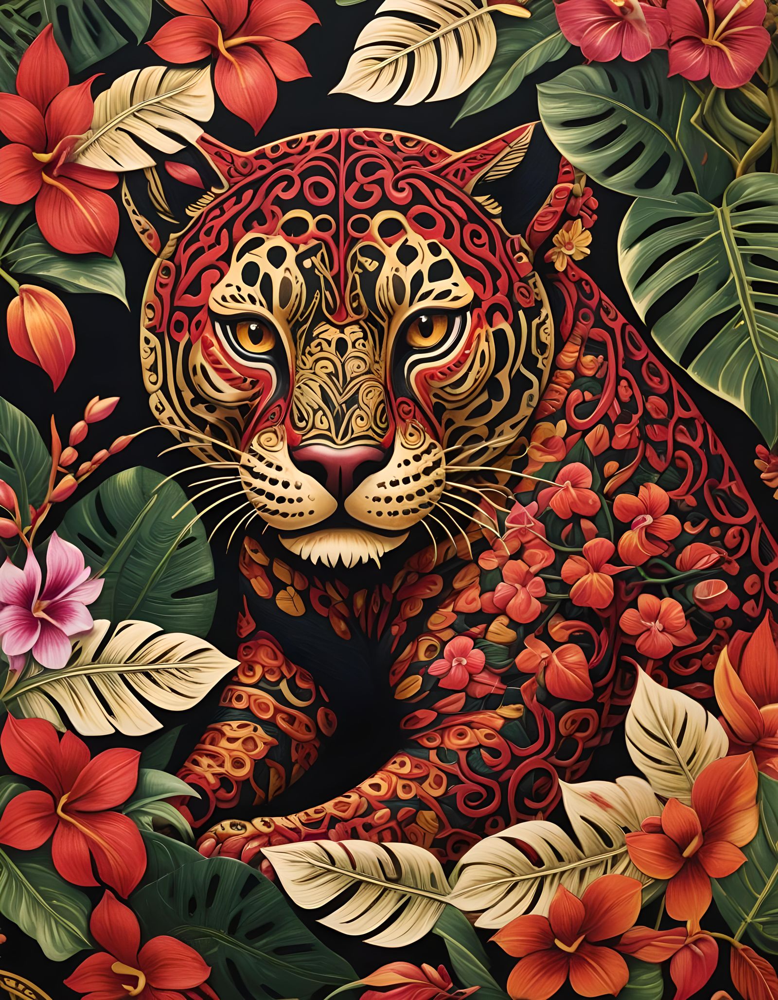 Mayan Jaguar Among Orchids in Woodcut Style