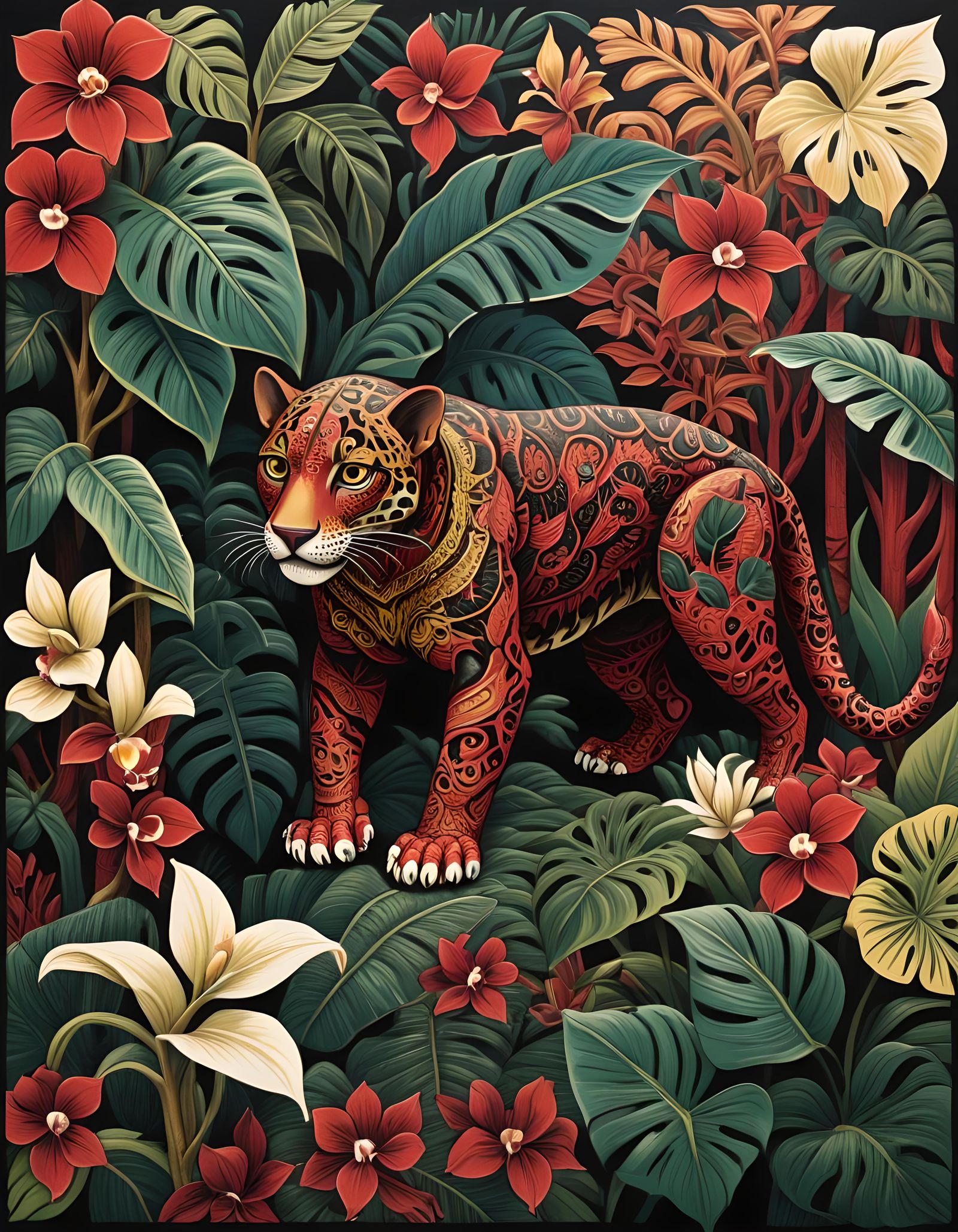 Mayan Jaguar and Orchids in Woodcut Print