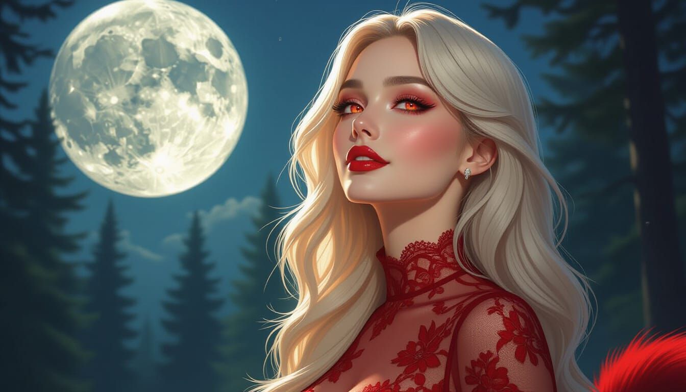 Woman Transforming into Werewolf Under Full Moon