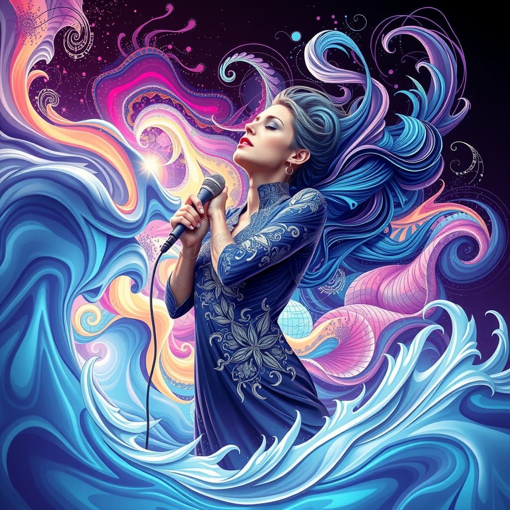 Vibrant Singing Woman in Abstract Digital Art