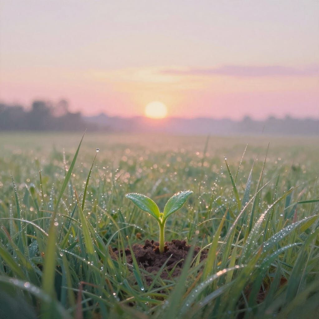Hopeful Dawn Meadow with New Sprout in Impressionistic Style