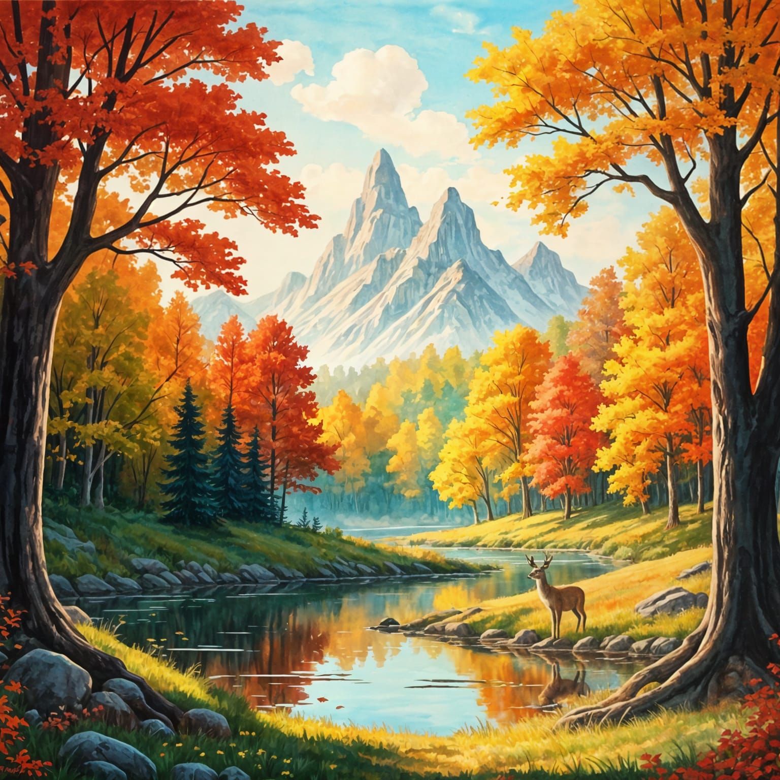 Watercolor Autumn Landscape with Deer