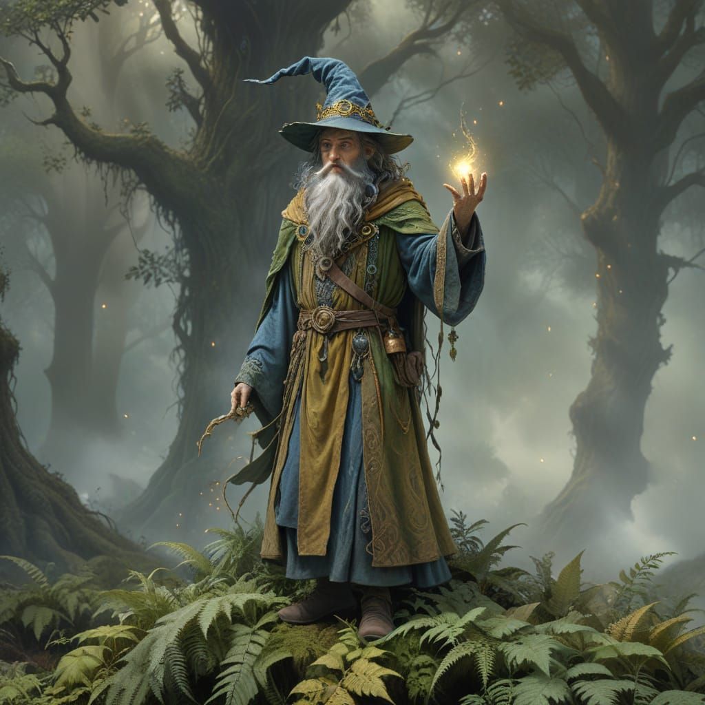 Whimsical Wizard Stands at Forest's Edge, Gazing into the Di...