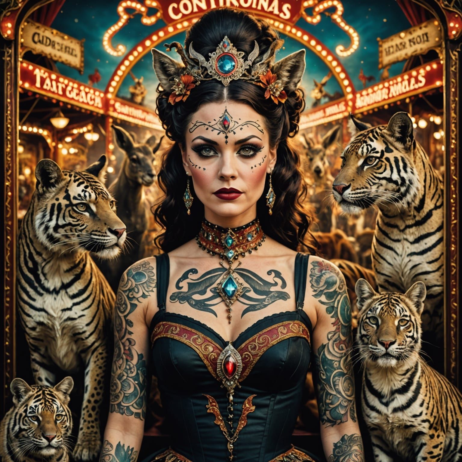 Vintage Carnival Poster: Tattooed Contortionist & Magic Anim...